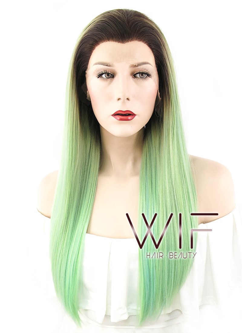 24" Straight Green Blue With Dark Roots Lace Front Synthetic Wig LF428
