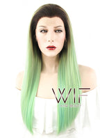 24" Straight Green Blue With Dark Roots Lace Front Synthetic Wig LF428