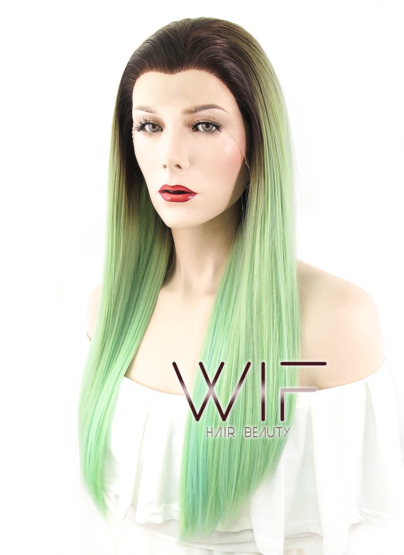 24" Straight Green Blue With Dark Roots Lace Front Synthetic Wig LF428