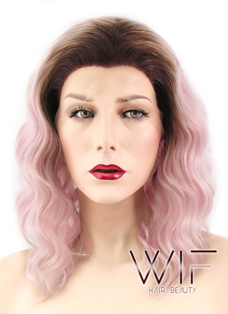 14" Wavy Pink With Dark Roots Lace Front Synthetic Wig LF439