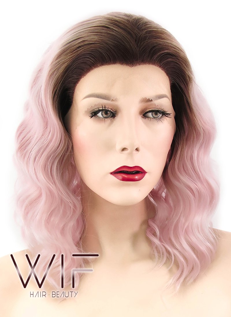 14" Wavy Pink With Dark Roots Lace Front Synthetic Wig LF439