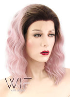 14" Wavy Pink With Dark Roots Lace Front Synthetic Wig LF439