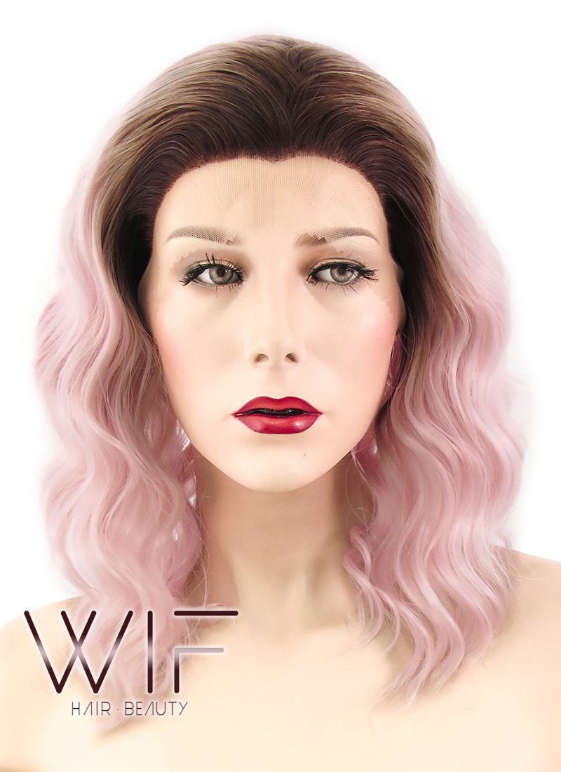 14" Wavy Pink With Dark Roots Lace Front Synthetic Wig LF439