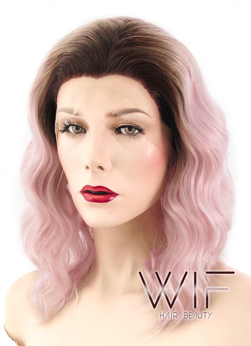 14" Wavy Pink With Dark Roots Lace Front Synthetic Wig LF439