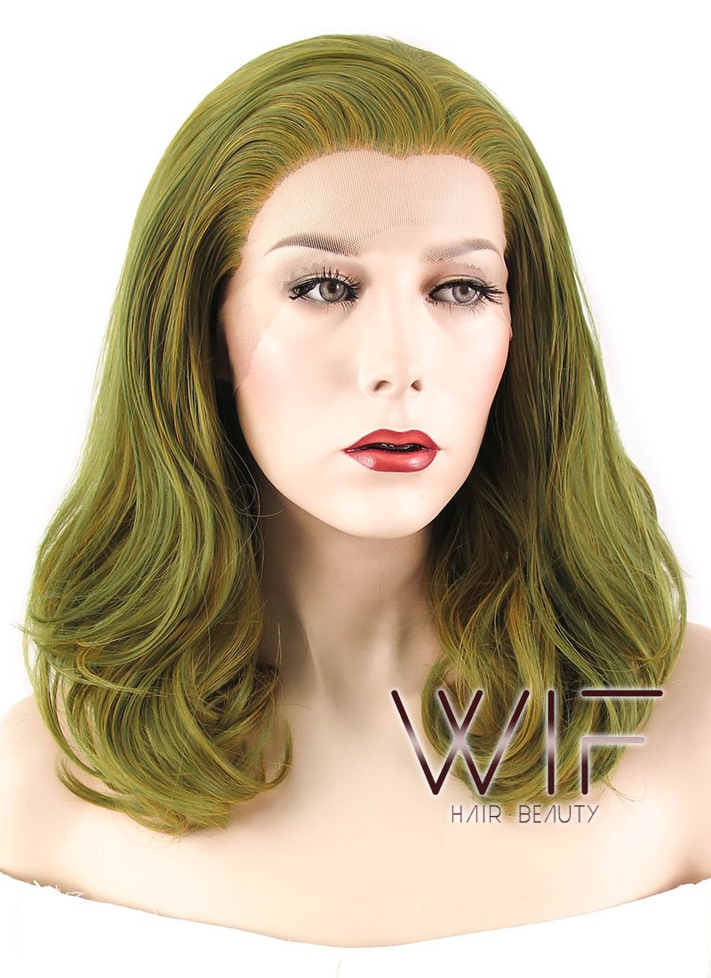 16" Wavy Olive Green With Yellow Tips Lace Front Synthetic Wig LF444