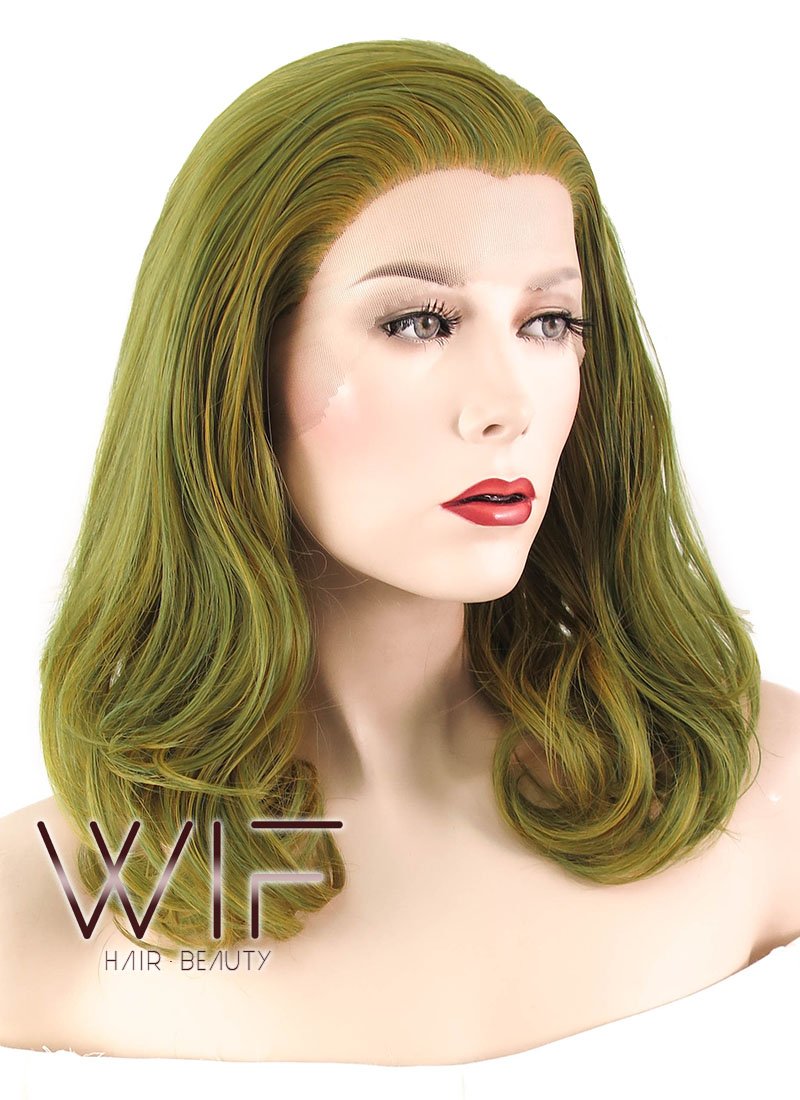 16" Wavy Olive Green With Yellow Tips Lace Front Synthetic Wig LF444