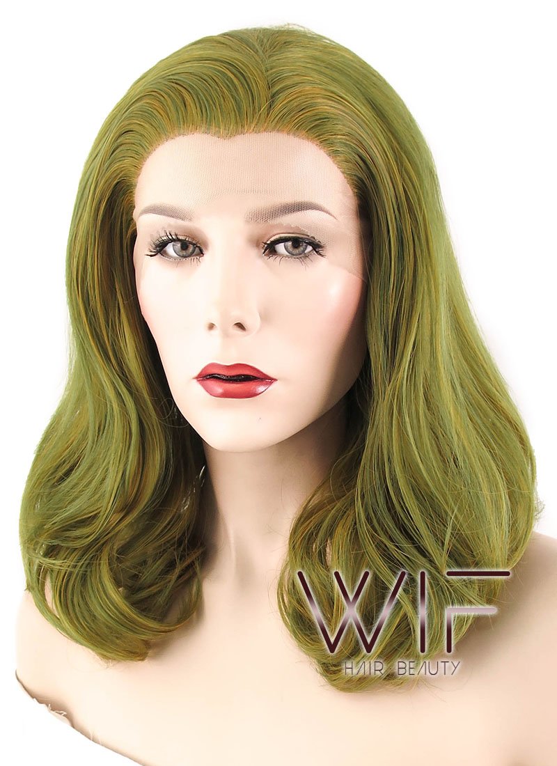 16" Wavy Olive Green With Yellow Tips Lace Front Synthetic Wig LF444