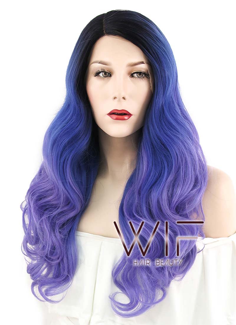 24" Wavy Blue Purple Ombre With Dark Roots Lace Front Synthetic Wig LF446