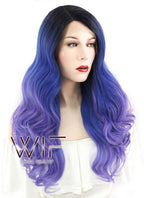 24" Wavy Blue Purple Ombre With Dark Roots Lace Front Synthetic Wig LF446