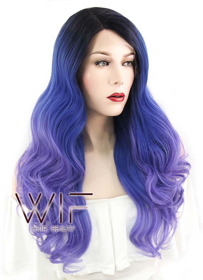 24" Wavy Blue Purple Ombre With Dark Roots Lace Front Synthetic Wig LF446