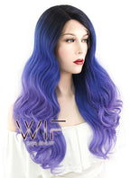 24" Wavy Blue Purple Ombre With Dark Roots Lace Front Synthetic Wig LF446