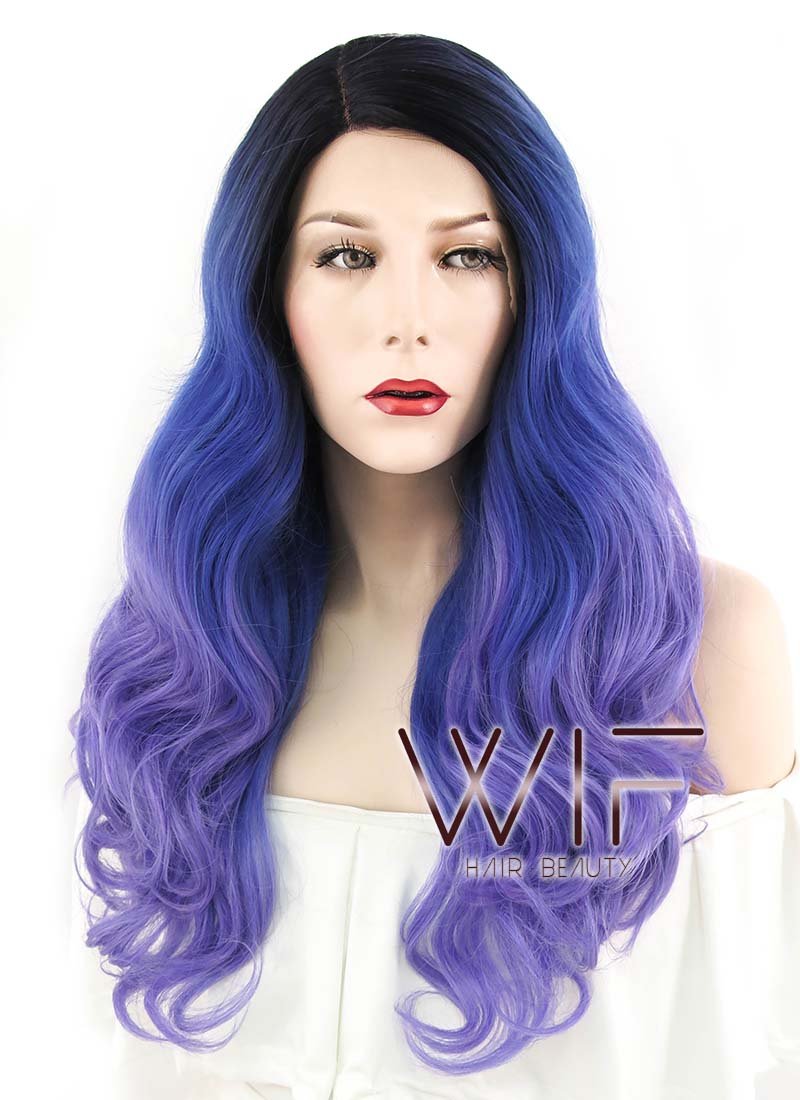24" Wavy Blue Purple Ombre With Dark Roots Lace Front Synthetic Wig LF446