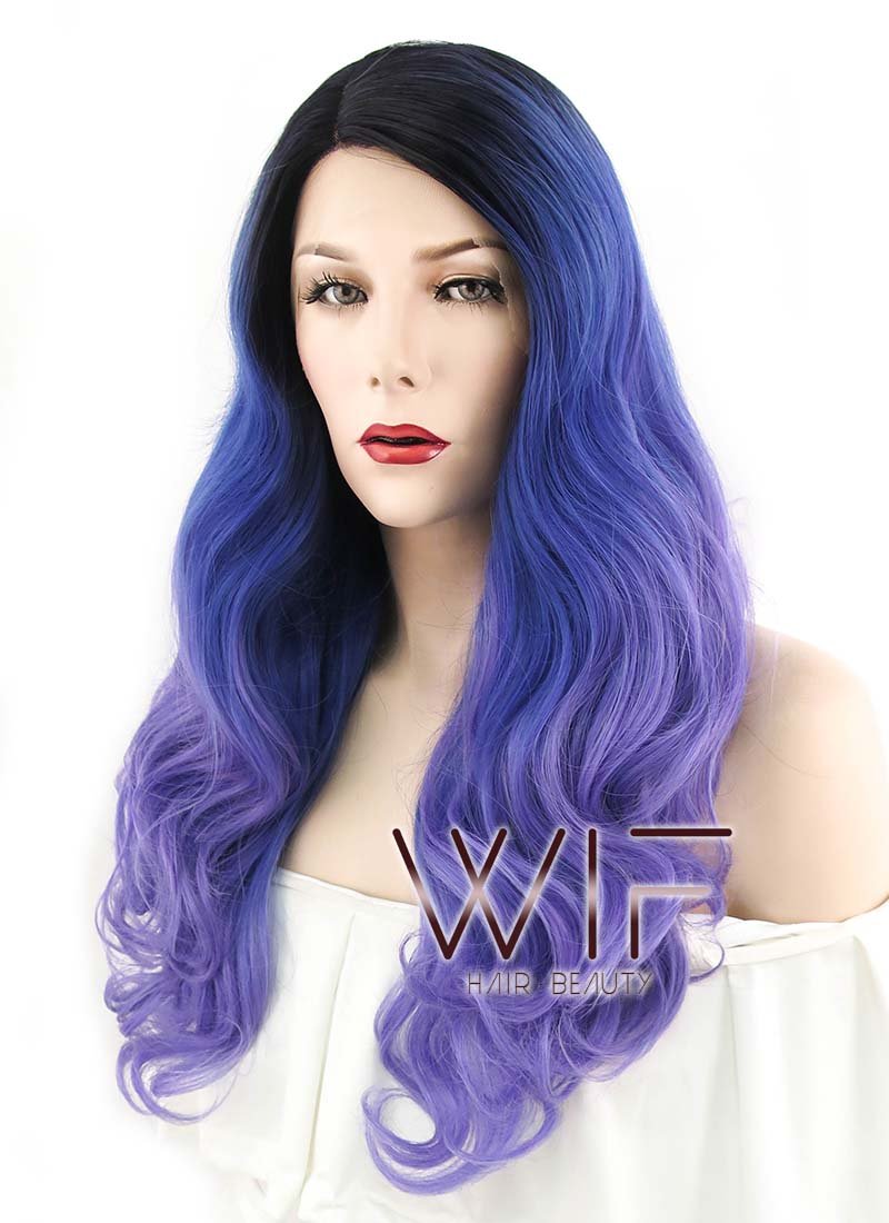 24" Wavy Blue Purple Ombre With Dark Roots Lace Front Synthetic Wig LF446