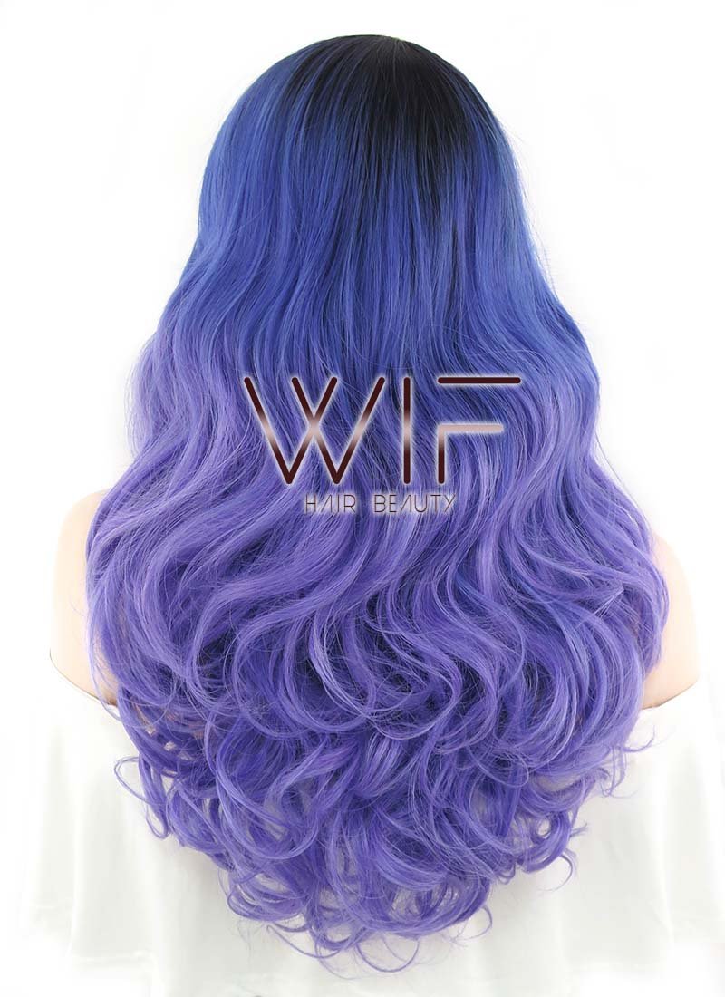 24" Wavy Blue Purple Ombre With Dark Roots Lace Front Synthetic Wig LF446