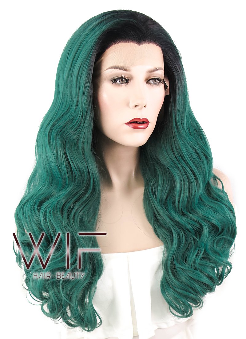 24" Wav Pine Green With Dark Roots Lace Front Synthetic Wig LF454