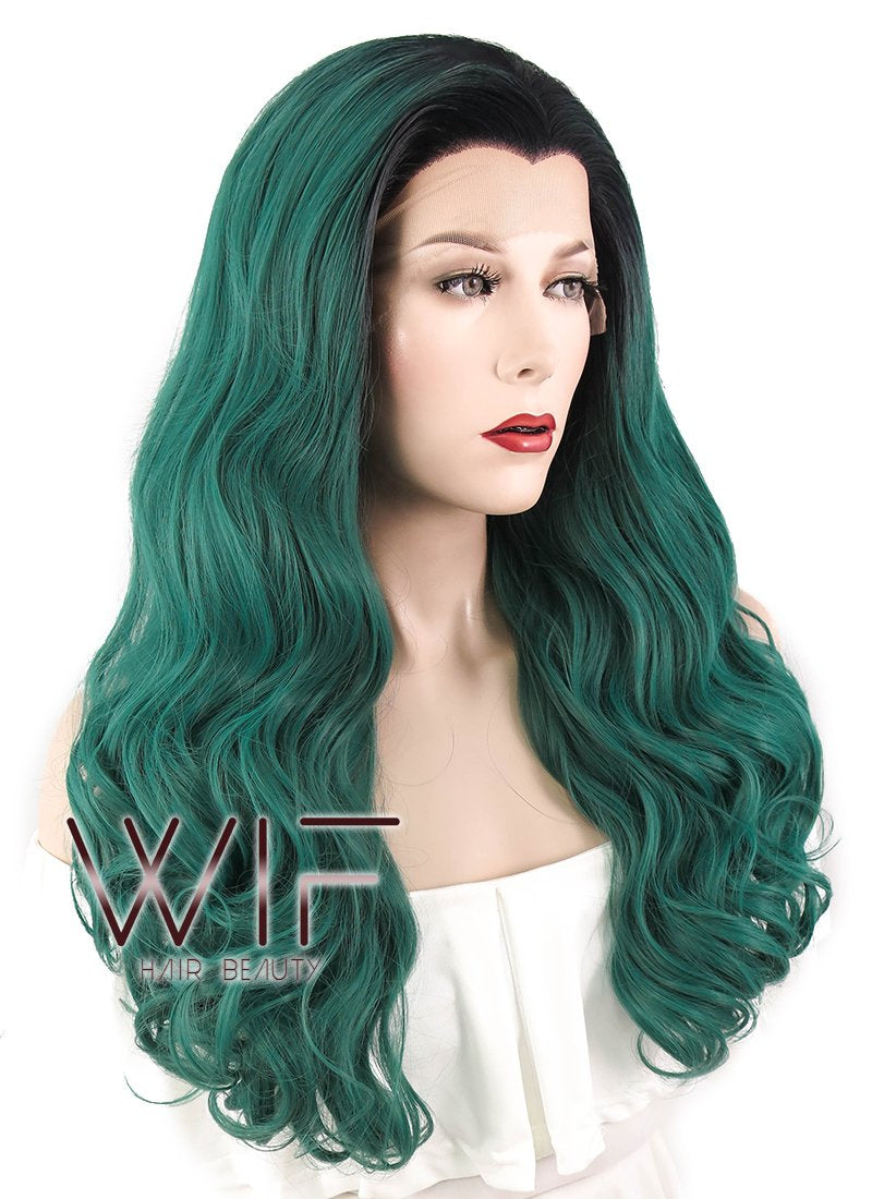 24" Wav Pine Green With Dark Roots Lace Front Synthetic Wig LF454