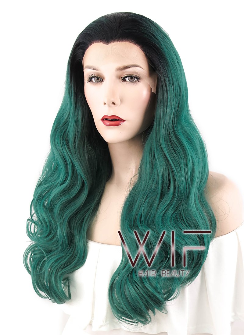 24" Wav Pine Green With Dark Roots Lace Front Synthetic Wig LF454