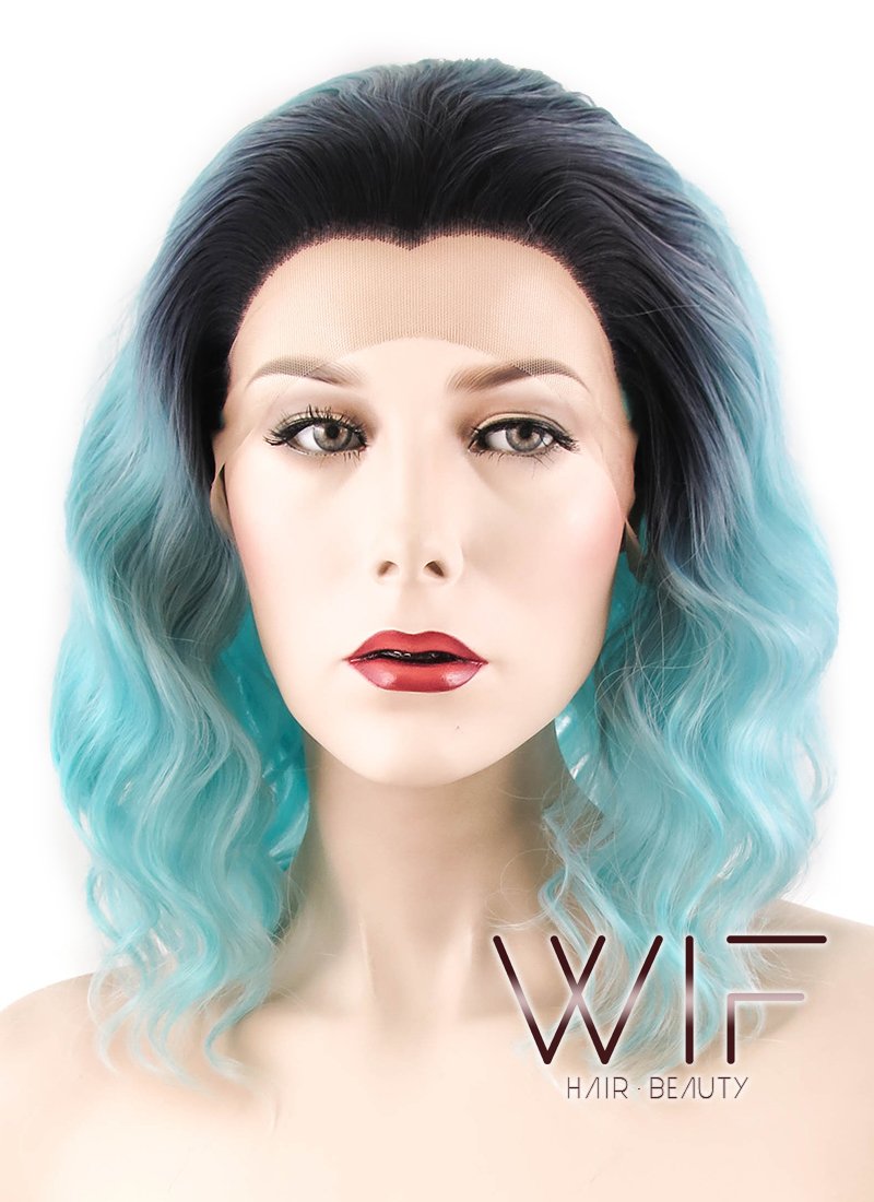 14" Wavy Blue With Dark Roots Lace Front Synthetic Wig LF463
