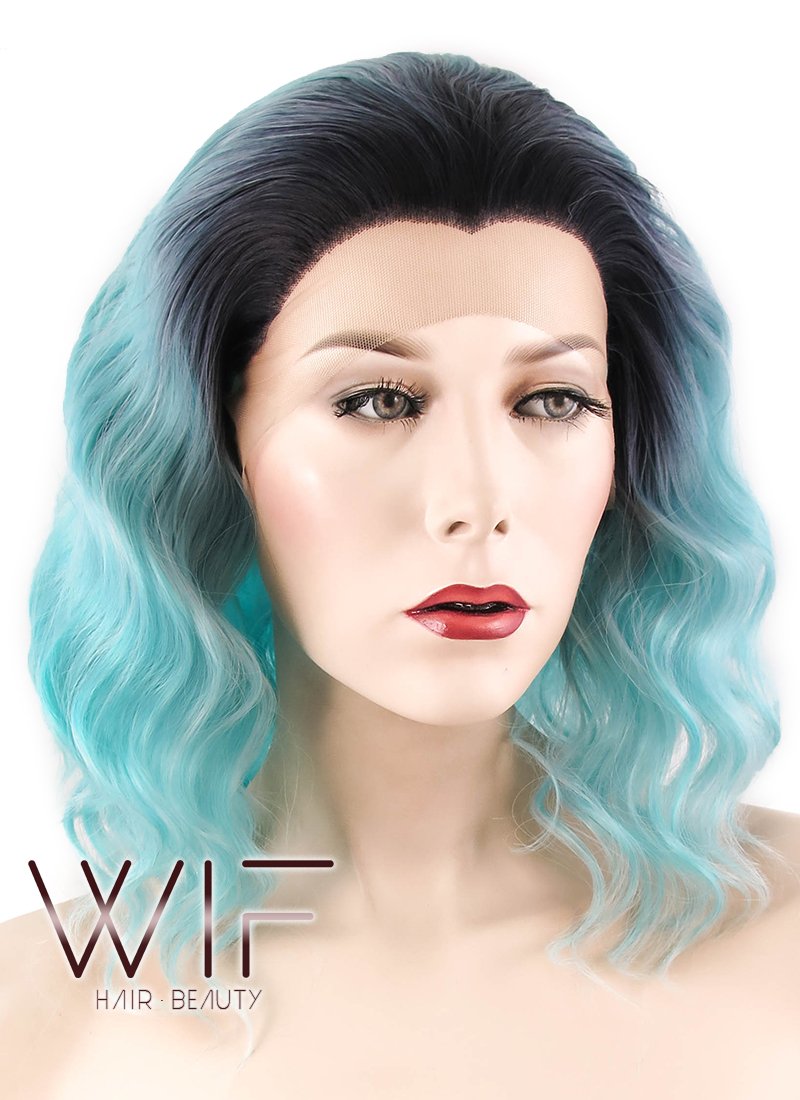 14" Wavy Blue With Dark Roots Lace Front Synthetic Wig LF463