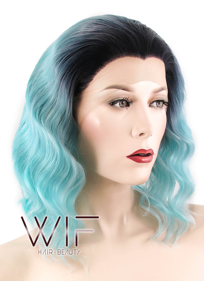 14" Wavy Blue With Dark Roots Lace Front Synthetic Wig LF463