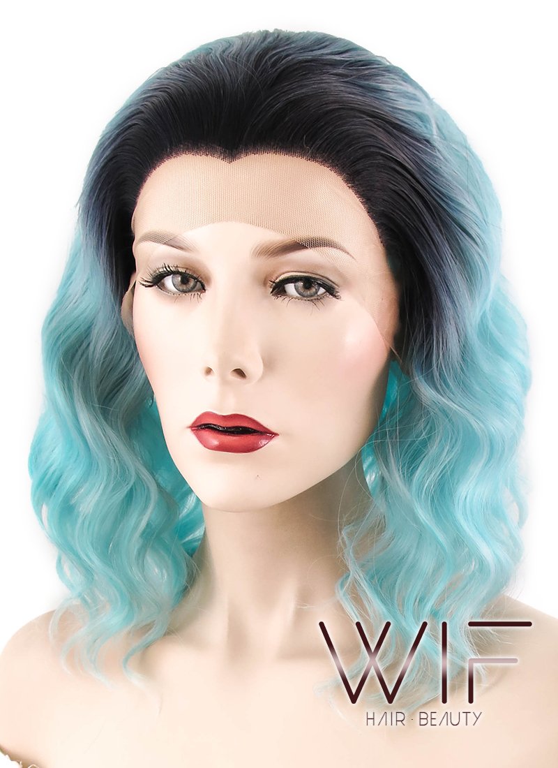 14" Wavy Blue With Dark Roots Lace Front Synthetic Wig LF463