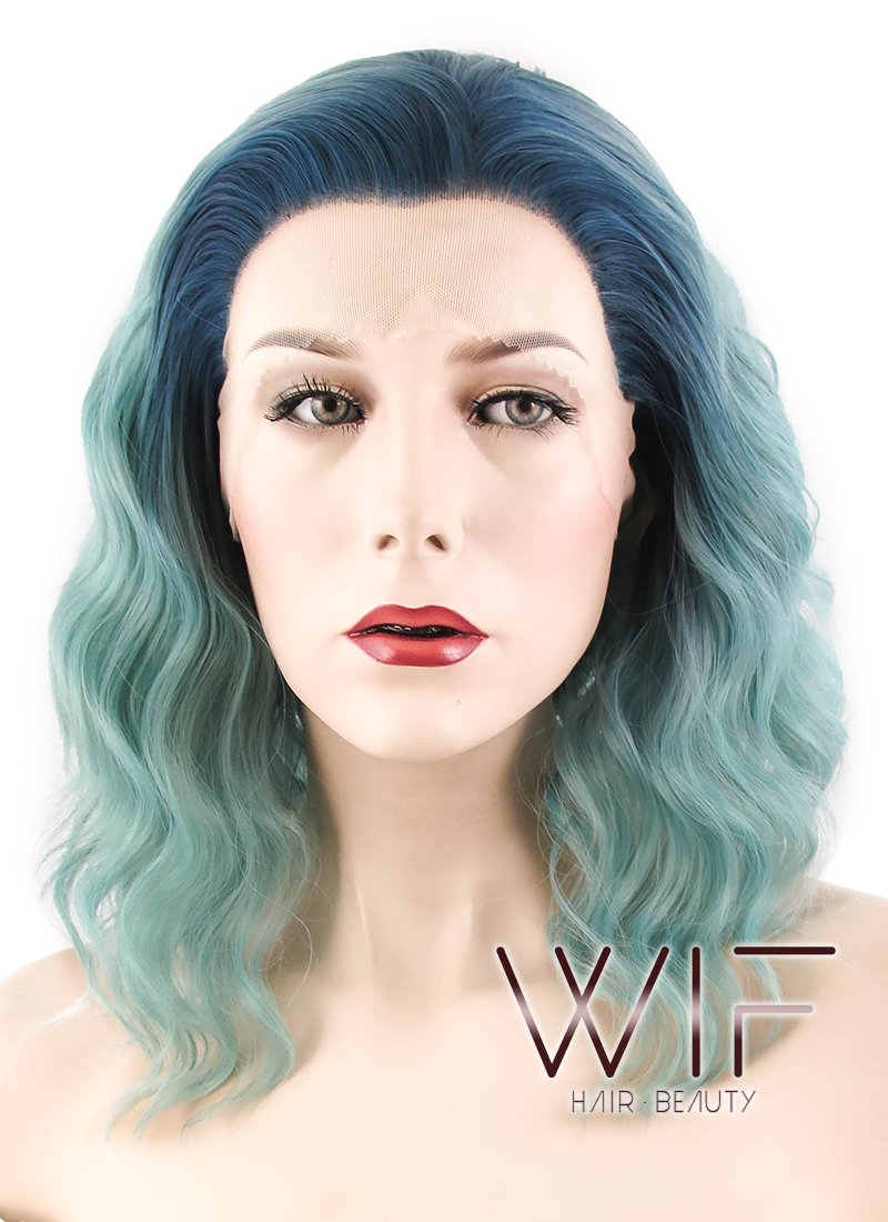 14" Wavy Blue Green Ombre Lace Front Synthetic Wig LF464