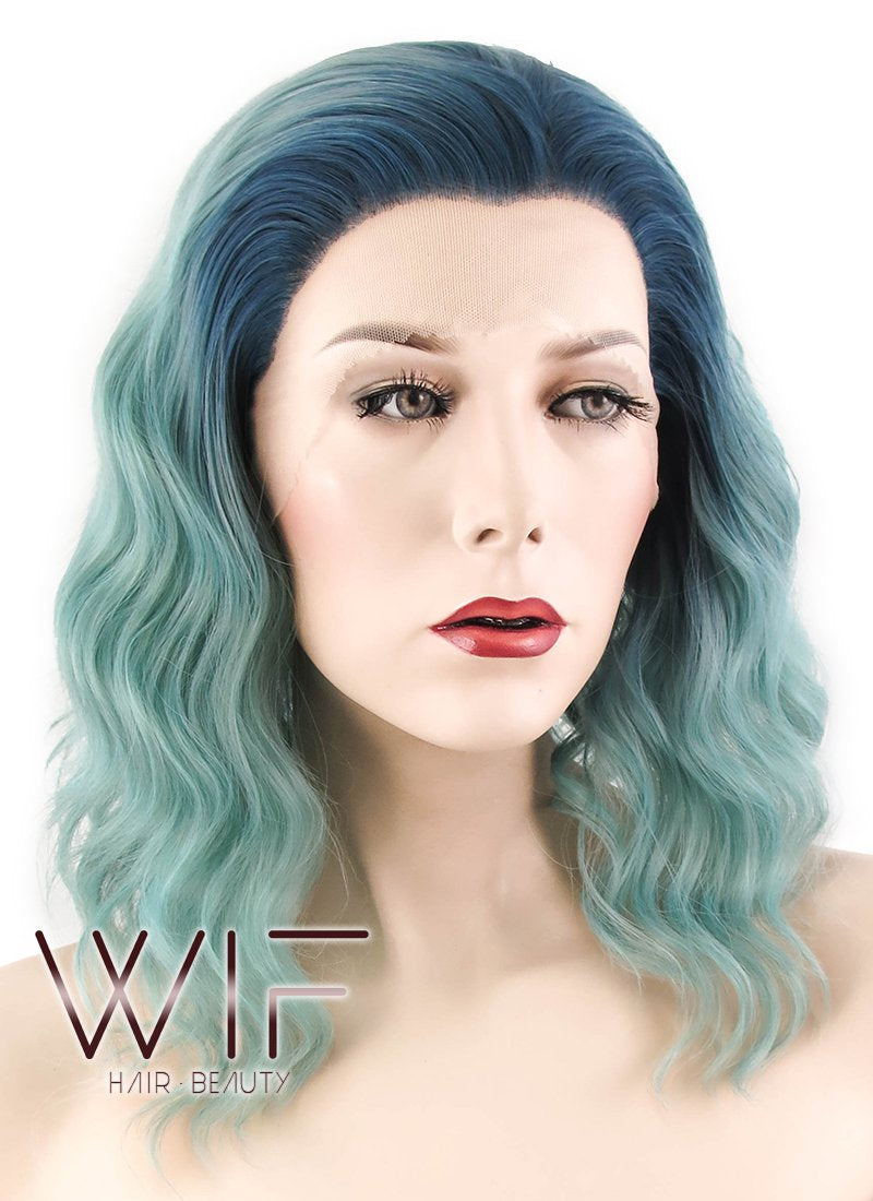 14" Wavy Blue Green Ombre Lace Front Synthetic Wig LF464