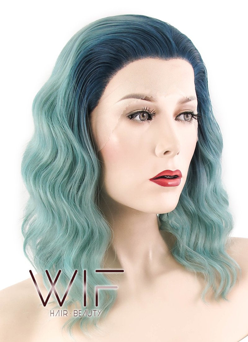 14" Wavy Blue Green Ombre Lace Front Synthetic Wig LF464