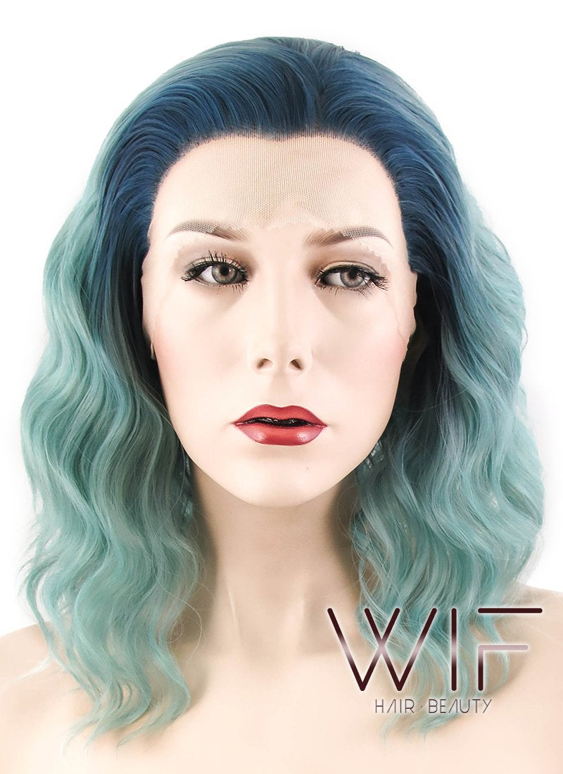 14" Wavy Blue Green Ombre Lace Front Synthetic Wig LF464