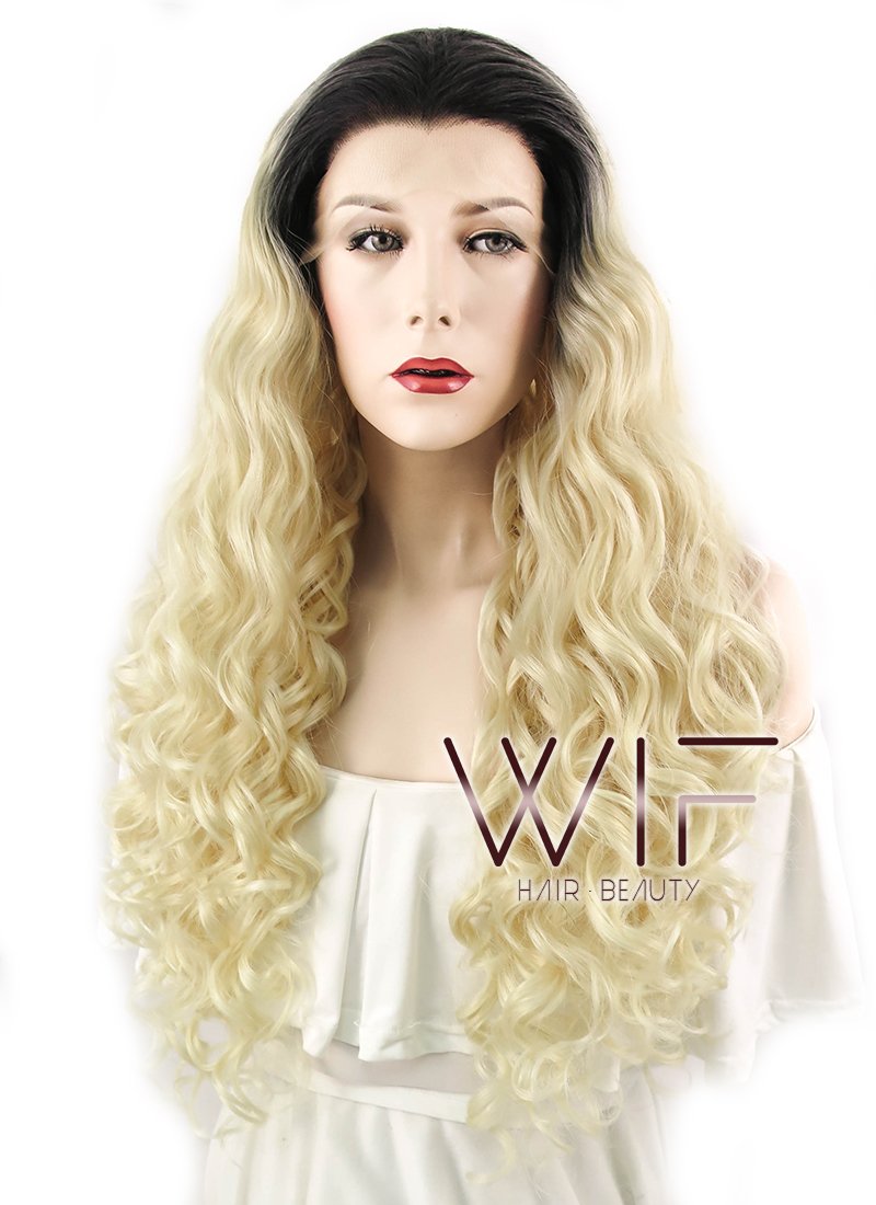 26" Wavy Blonde With Dark Roots Lace Front Synthetic Wig LF465