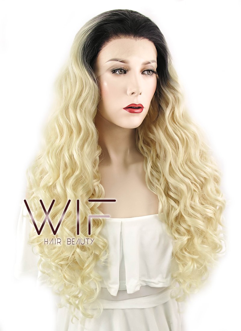 26" Wavy Blonde With Dark Roots Lace Front Synthetic Wig LF465