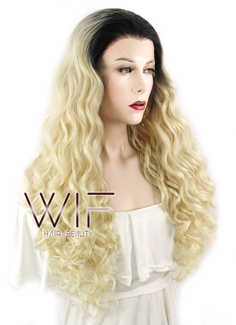 26" Wavy Blonde With Dark Roots Lace Front Synthetic Wig LF465