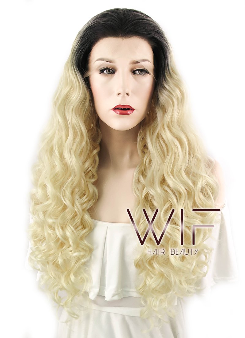 26" Wavy Blonde With Dark Roots Lace Front Synthetic Wig LF465