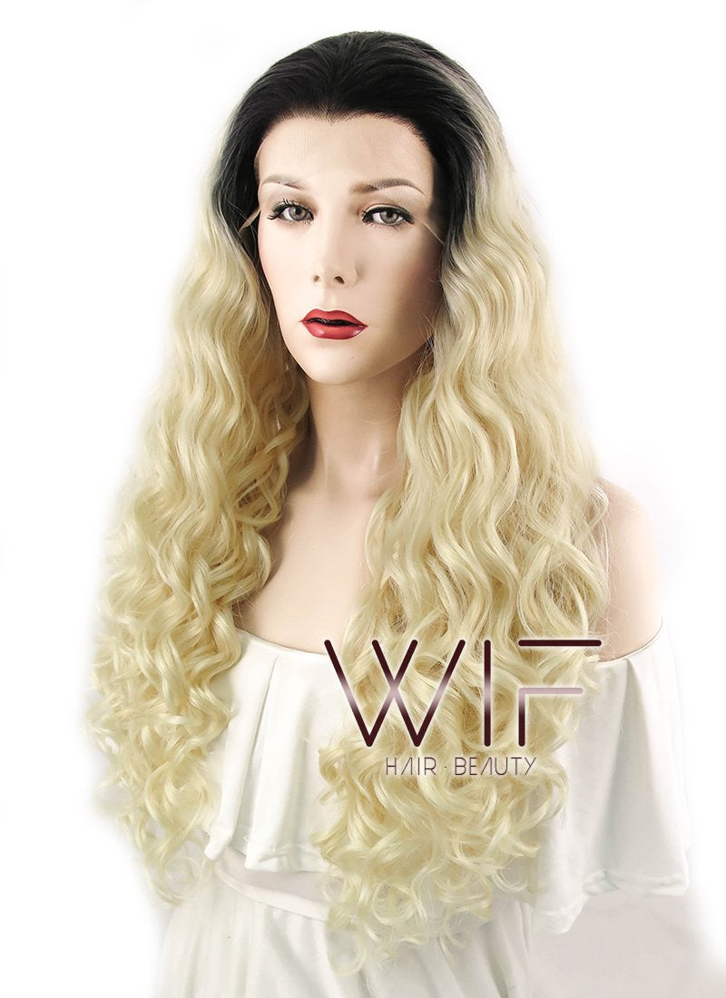 26" Wavy Blonde With Dark Roots Lace Front Synthetic Wig LF465