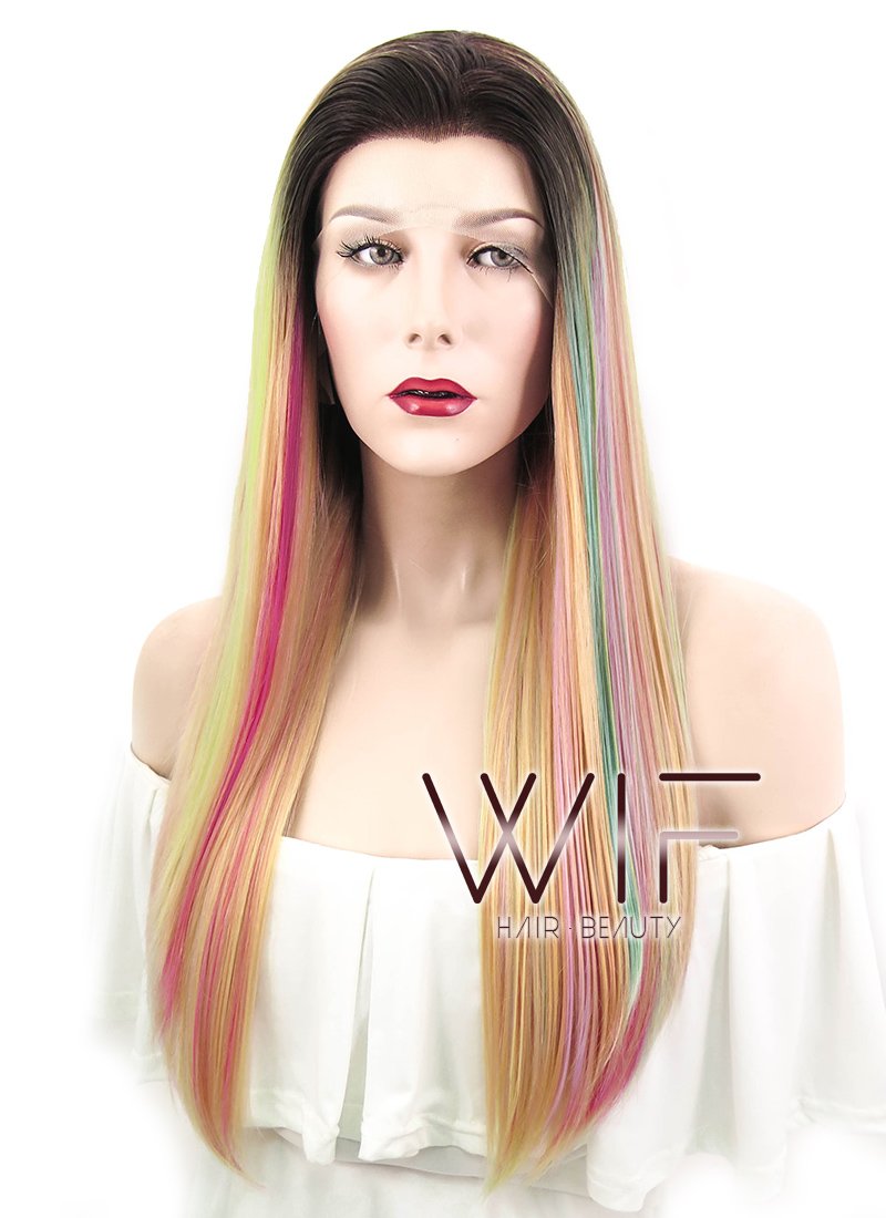 24" Straight Green Pink Yellow With Brown Roots Lace Front Synthetic Wig LF466