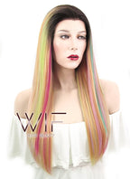 24" Straight Green Pink Yellow With Brown Roots Lace Front Synthetic Wig LF466