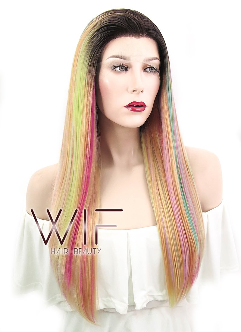 24" Straight Green Pink Yellow With Brown Roots Lace Front Synthetic Wig LF466