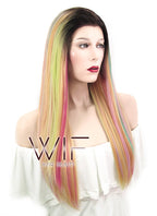 24" Straight Green Pink Yellow With Brown Roots Lace Front Synthetic Wig LF466