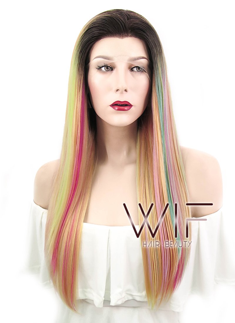 24" Straight Green Pink Yellow With Brown Roots Lace Front Synthetic Wig LF466