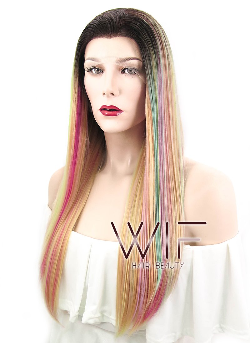 24" Straight Green Pink Yellow With Brown Roots Lace Front Synthetic Wig LF466