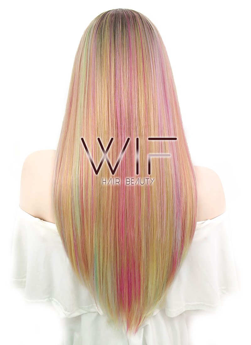 24" Straight Green Pink Yellow With Brown Roots Lace Front Synthetic Wig LF466