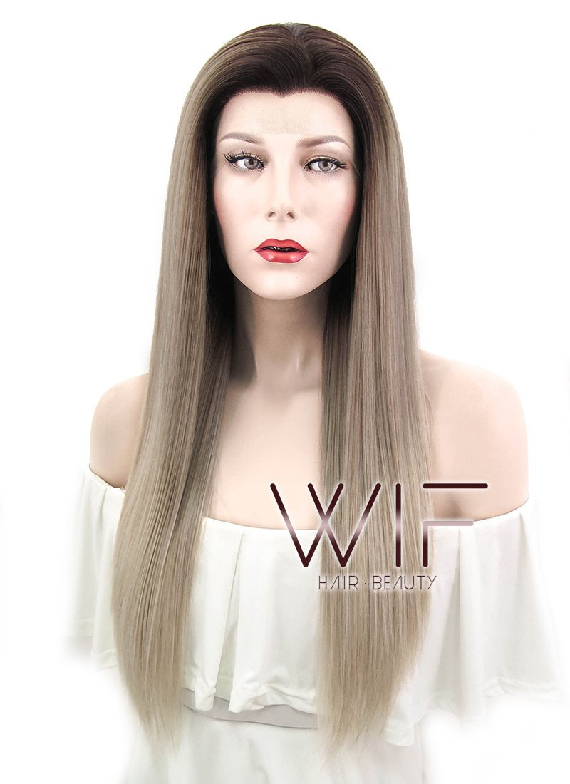 24" Straight Dark Ash Blonde With Brown Roots Lace Front Synthetic Wig LF478
