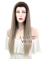 24" Straight Dark Ash Blonde With Brown Roots Lace Front Synthetic Wig LF478