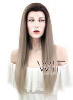 24" Straight Dark Ash Blonde With Brown Roots Lace Front Synthetic Wig LF478