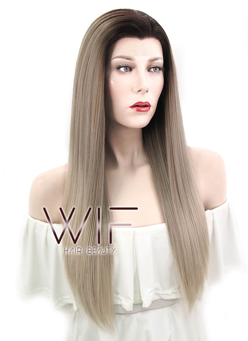 24" Straight Dark Ash Blonde With Brown Roots Lace Front Synthetic Wig LF478