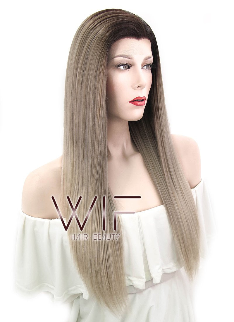 24" Straight Dark Ash Blonde With Brown Roots Lace Front Synthetic Wig LF478