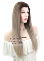 24" Straight Dark Ash Blonde With Brown Roots Lace Front Synthetic Wig LF478