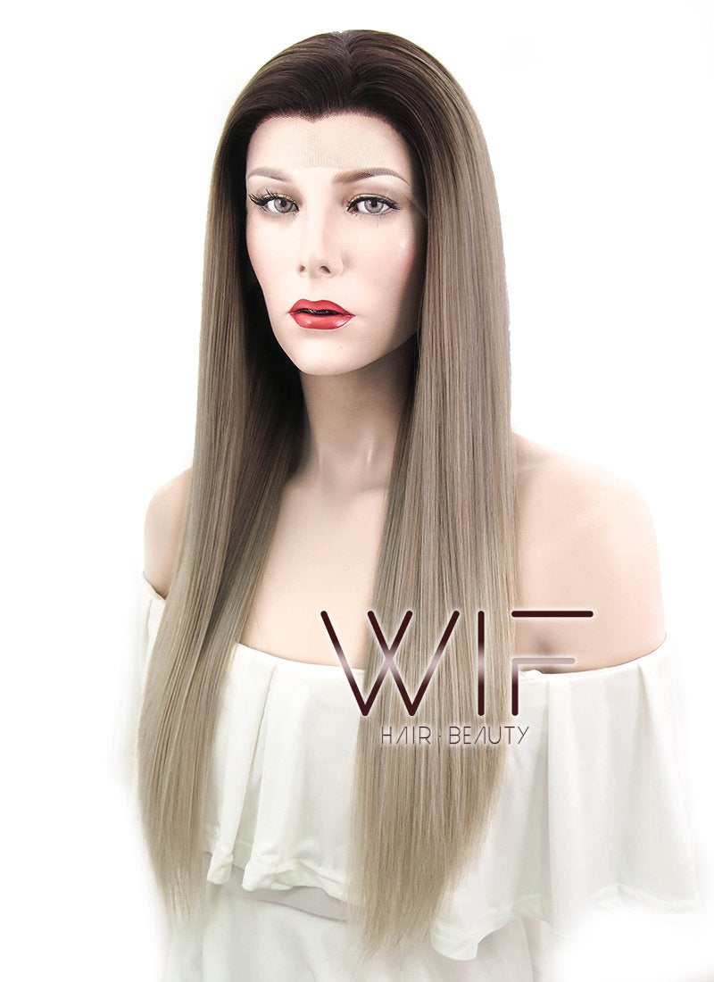 24" Straight Dark Ash Blonde With Brown Roots Lace Front Synthetic Wig LF478