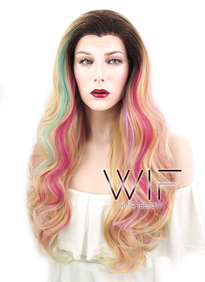 26" Wavy Green Pink Yellow With Brown Roots Lace Front Synthetic Wig LF479