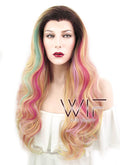 26" Wavy Green Pink Yellow With Brown Roots Lace Front Synthetic Wig LF479